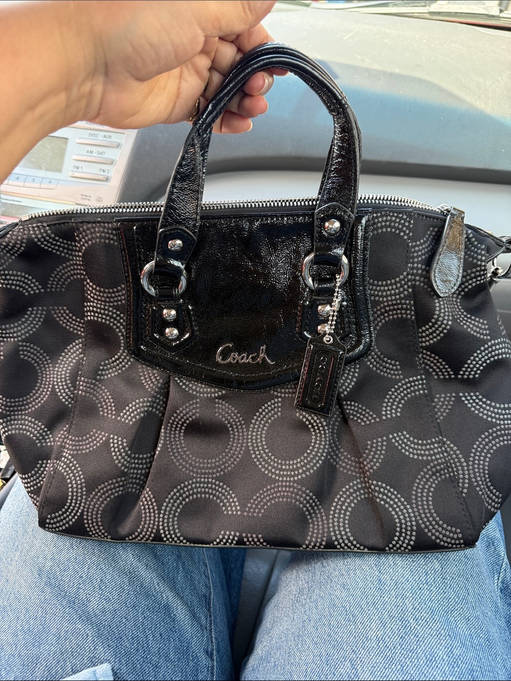 Coach Black Signature Circle Satchel with Patent Trim